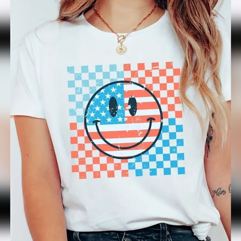 Ladies Super cute red white and blue smiley face tee